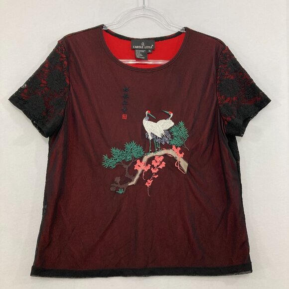 Carole Little size XL Black Red Mesh Lace Asian Print Whimsigoth Y2K Stretch Top - Picture 5 of 11
